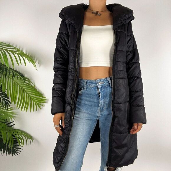 Women's Y2K H&M Classy Minimalist Black Longline Winter Puffer Parka Coat / 4 - Picture 4 of 10